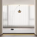 White Vertical Stripe Curtains in Modern Minimalist Interior with Floor Lamp and Wooden Floor
