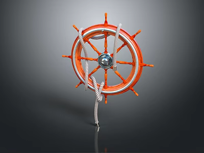 Orange Decorative Ship Wheel Home Decor With Silver Center And Wrapped Rope 3d model