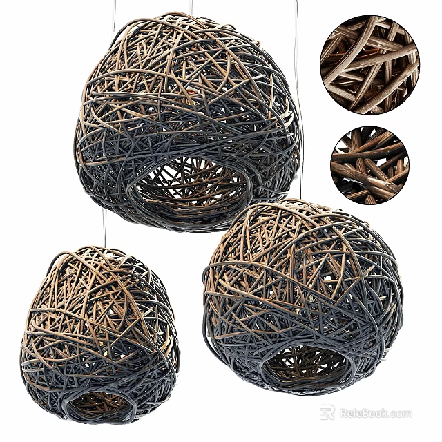 Three Woven Rattan Round Pendant Lights With Natural Texture For Home Interior 3d model 