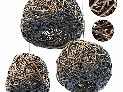 Three Woven Rattan Round Pendant Lights With Natural Texture For Home Interior 3d model
