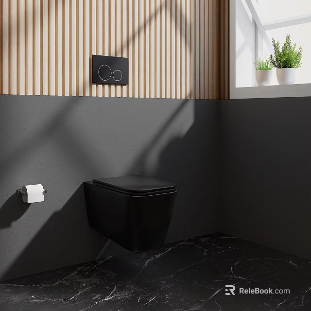 Black Wall Mounted Toilet In Modern Bathroom With Wooden Slat And Gray Walls 3d model 