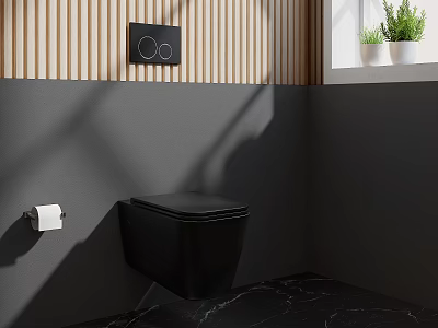 Black Wall Mounted Toilet In Modern Bathroom With Wooden Slat And Gray Walls 3d model