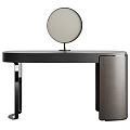Modern Dressing Table With Round Mirror Gray Wooden Top And Black Metal Legs