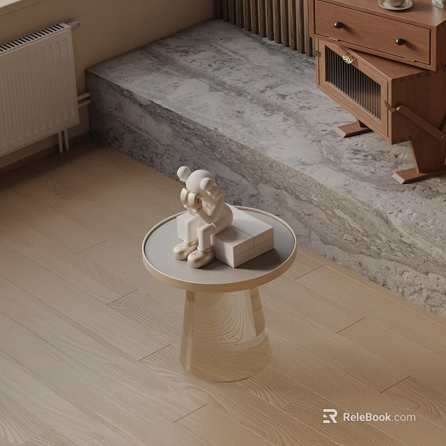 Minimalist Wooden Side Table With Small Sculpture And Box On Wooden Floor Near Stone Step 3d model 