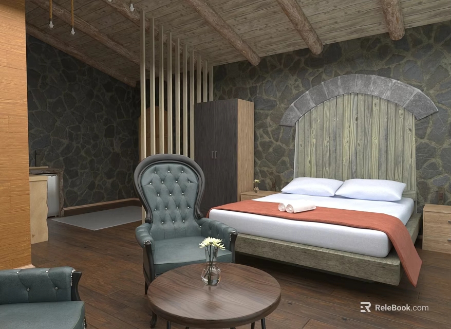 Rustic Hotel Room Interior With Stone Walls Wooden Ceiling Bed Tufted Armchair And Flower Table 3d model 