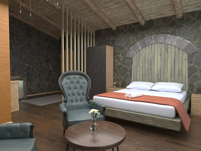 Rustic Hotel Room Interior With Stone Walls Wooden Ceiling Bed Tufted Armchair And Flower Table 3d model