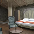 Rustic Hotel Room Interior With Stone Walls Wooden Ceiling Bed Tufted Armchair And Flower Table