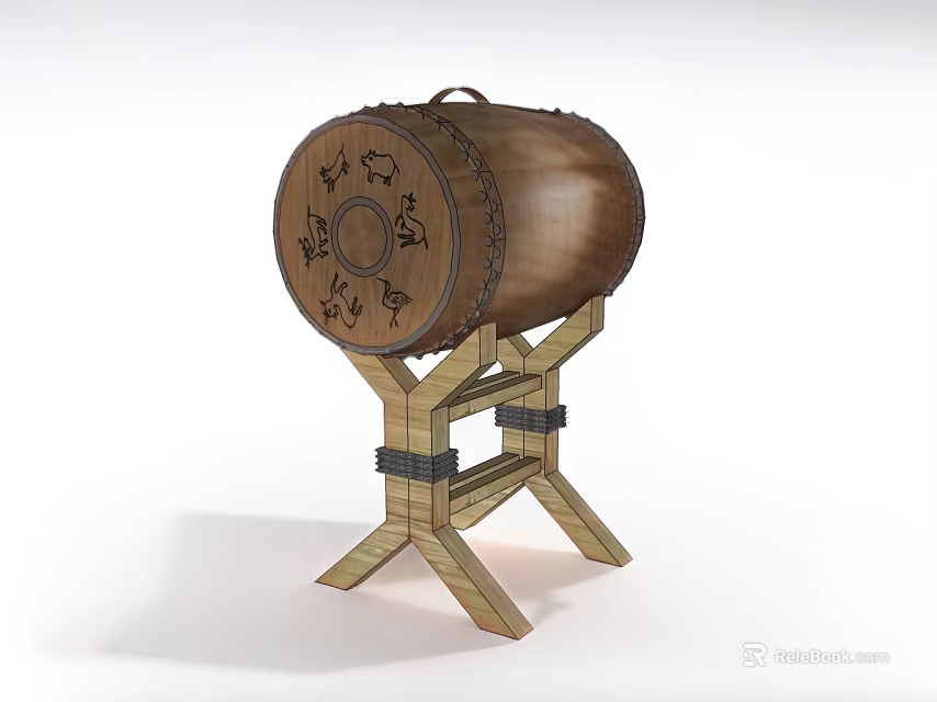 Traditional Drum Shaped Decorative Ornament Set with Carved Patterns on Wooden Stand 3d model 