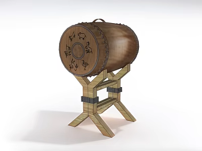 Traditional Drum Shaped Decorative Ornament Set with Carved Patterns on Wooden Stand 3d model