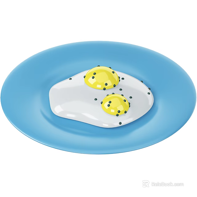 Cute Little Chicken Next To Blue Plate With Two Fried Eggs And Pepper 3d model 