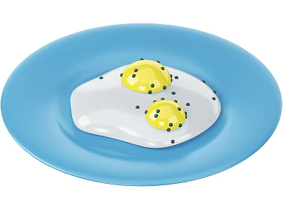 Cute Little Chicken Next To Blue Plate With Two Fried Eggs And Pepper 3d model