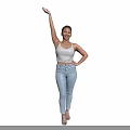 Woman In White Tank Top Light Blue Jeans With One Hand Raised And High Heels