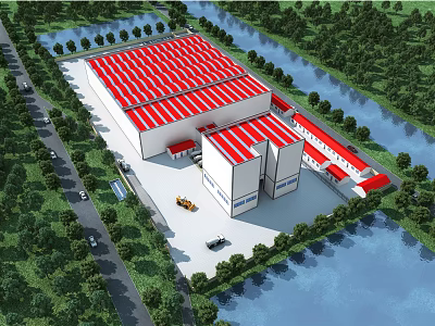 Industrial Factory Building With Red And White Roof Near River And Surrounding Green Trees 3d model