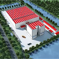 Industrial Factory Building With Red And White Roof Near River And Surrounding Green Trees
