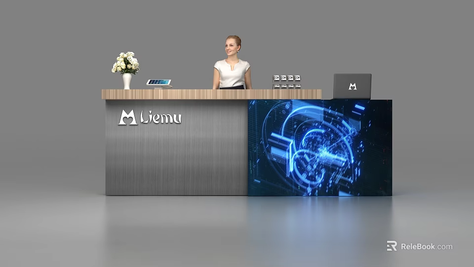 Modern Miemu Reception Desk with Digital Tech Display Flower Vase Tablet and Staff 3d model 