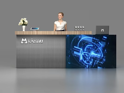 Modern Miemu Reception Desk with Digital Tech Display Flower Vase Tablet and Staff 3d model