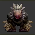 Game and Movie Fantasy Creature Character with Feathered Appearance Red Eyes and Crouching Posture