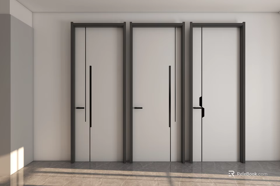 Modern Interior Swing Doors With White Panels And Black Frames Design 3d model