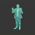 Man in plaid blazer white shirt blue jeans and sandals spreading hands on grey background