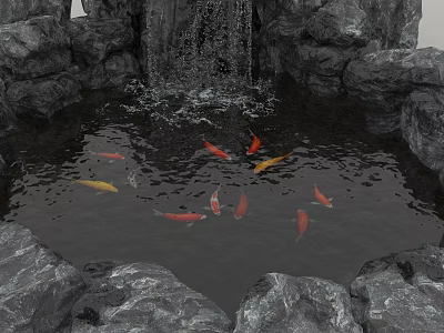 Colorful Koi Fish Swimming in Pond Surrounded by Rocks and Waterfall 3d model