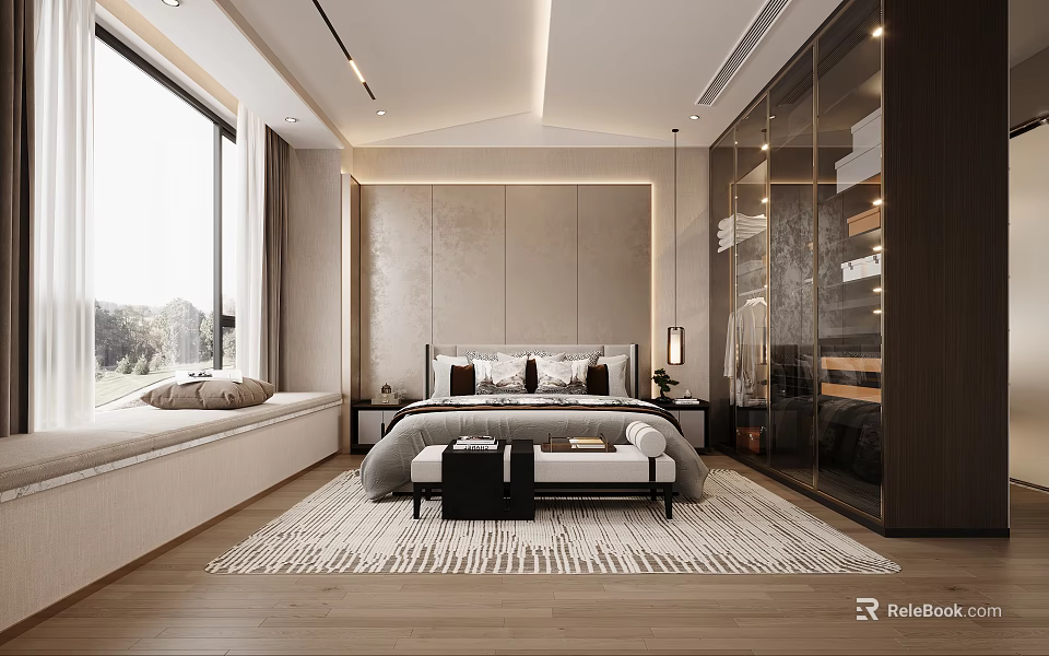 Modern Bedroom Interior With Large Bed Nightstands Rug And Floor To Ceiling Windows 3d model 