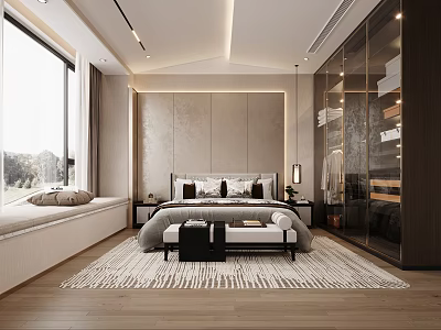 Modern Bedroom Interior With Large Bed Nightstands Rug And Floor To Ceiling Windows 3d model