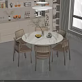 Modern Round Marble Dining Table Set With Four Rattan Chairs Kitchen Cabinets And Bright Window 3d model