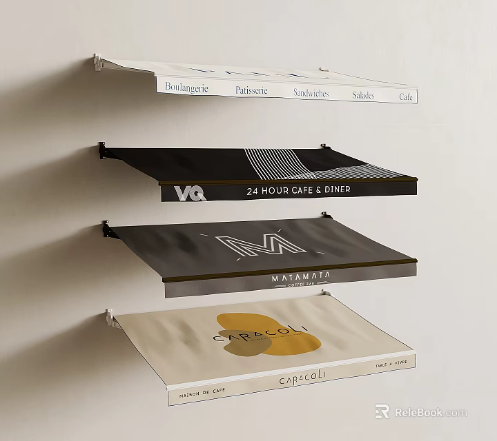 Multiple Stylish Awnings for Outdoor Cafe Diner with Brand Logos and Text 3d model 