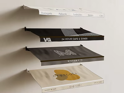 Multiple Stylish Awnings for Outdoor Cafe Diner with Brand Logos and Text 3d model