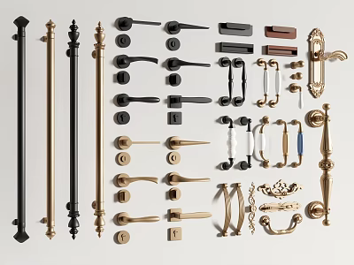 Various Door Handles With Modern Traditional Designs And Gold Black Finishes 3d model
