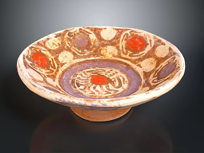 Colorful Bowl Shaped Sculpture Carving With Red Circular Motifs Purple Spiral And Pedestal Base 3d model