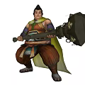 Game Movie Characters Brown Yellow Blue Costumes Holding Large Heavy Weapons With Decorative Patterns Headbands
