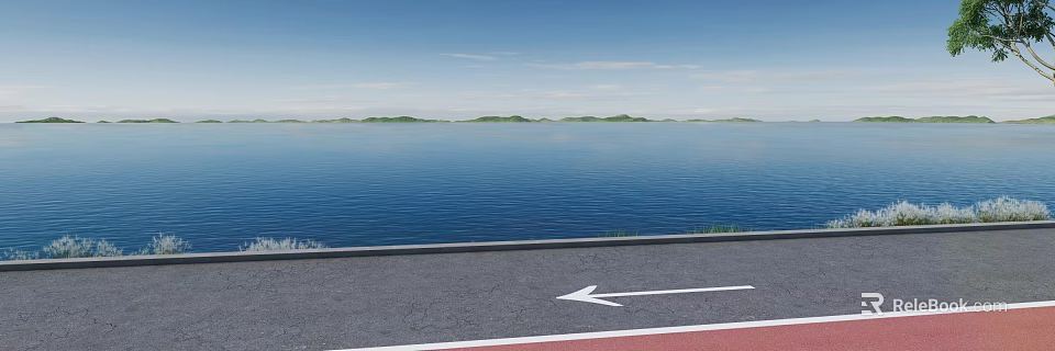 Scenic View With Blue Sky White Clouds Green Hills Blue Water Road And White Arrow 3d model 