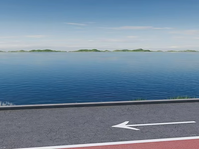Scenic View With Blue Sky White Clouds Green Hills Blue Water Road And White Arrow 3d model