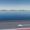 Scenic View With Blue Sky White Clouds Green Hills Blue Water Road And White Arrow