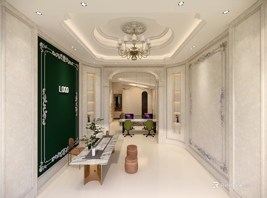 Modern Office Interior With Ornate Walls Green Wall Chandelier And Marble Tabletop 3d model 