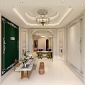 Modern Office Interior With Ornate Walls Green Wall Chandelier And Marble Tabletop