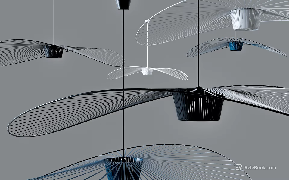 Modern Artistic Chandeliers With Metal Wire Structures And Black White Blue Flowing Shapes 3d model 