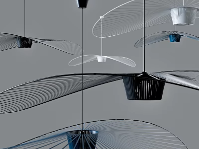 Modern Artistic Chandeliers With Metal Wire Structures And Black White Blue Flowing Shapes 3d model