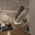 Modern Leisure Area With Sofa Round Coffee Table Floor Lamp Staircase Plants And Wooden Flooring