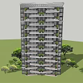 High Rise Residential Building With Green Plant Filled Balconies And Surrounding Trees