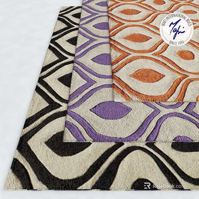 Modern Square Carpet With Geometric Patterns In Black Purple Orange And Beige 3d model