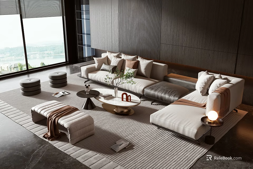 Modern L Shaped Sofa Coffee Table Set With Throw Pillows Area Rug And Side Table 3d model 