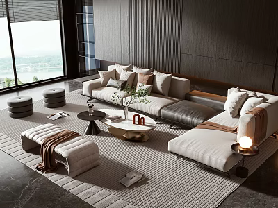 Modern L Shaped Sofa Coffee Table Set With Throw Pillows Area Rug And Side Table 3d model