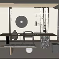 Modern Tea Room Interior Design With Long Table Chairs Blue Decor Wooden Shelves And Plant