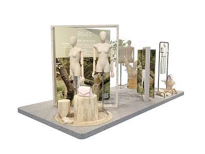 Fashion Retail Display With Mannequins Handbags Plant Decor And Wooden Stands 3d model