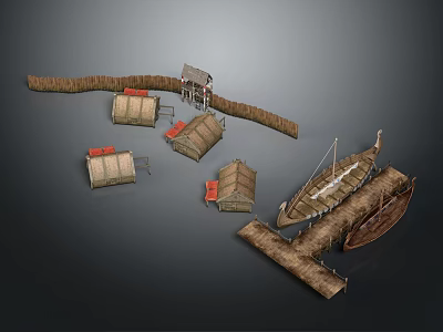 Ancient Wooden Water Transport Vessel With Small Huts Dock And Fence Structure 3d model