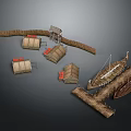 Ancient Wooden Water Transport Vessel With Small Huts Dock And Fence Structure