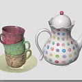 Colorful Polka Dot Teapot With Stacked Patterned Cups On Light Plate