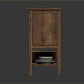 Rustic Wooden Cabinet With Shutter Doors Drawer And Wicker Baskets Tray Holding Mug And Plate